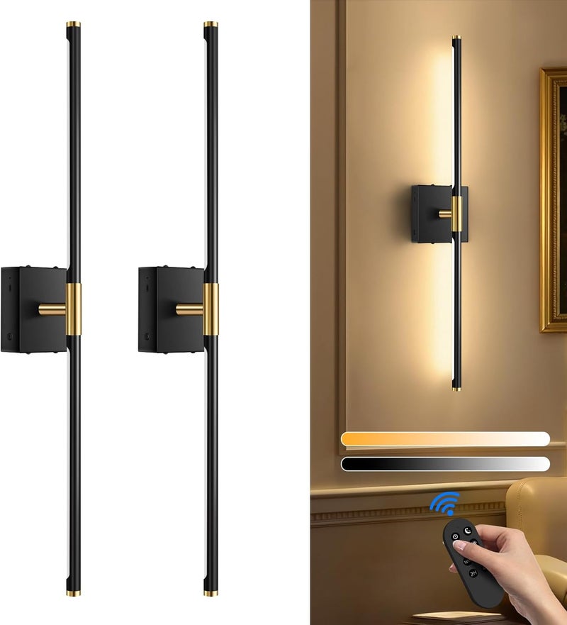 SAIMAND Wall Sconces Set of Two Battery Operated, Wireless USB Rechargeable Wall Lights with Remote, 8000mAh Dimmable LED 3 Color Dimmable Living Room for Bedroom,Hallway,Picture Lamp (30in Black) - Image 1
